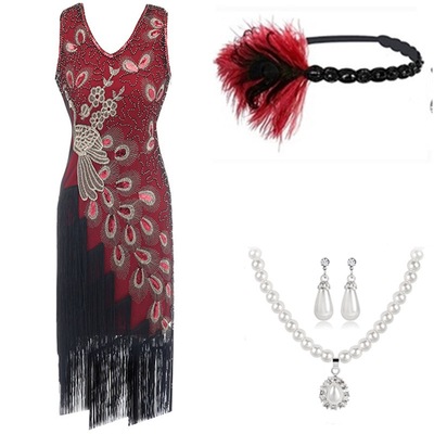 万圣节服装外贸欧美复古1920S盖茨比亮片流苏晚礼服无袖V领连衣裙