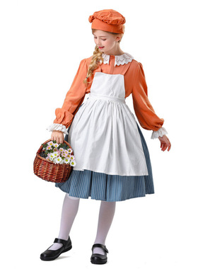 2025年新款亚马逊儿童舞台表演服庄园女仆装橙色连衣裙cosplay服