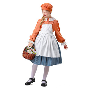 2025年新款亚马逊儿童舞台表演服庄园女仆装橙色连衣裙cosplay服