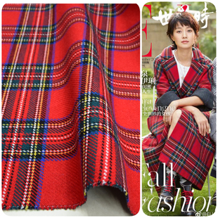 新款伊俐红格子双面羊绒全羊毛面料毛呢大衣时尚精品时装女装布料