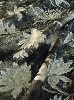 大气灰绿色莲花印花可剥进口新中式双面羊绒羊毛呢面料大衣布料