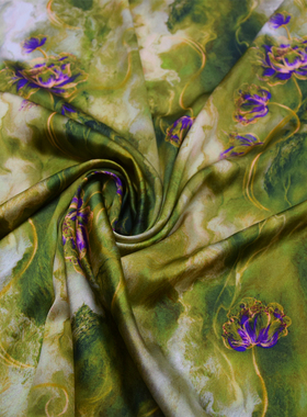 绿色印花19姆米宽幅杭州弹力缎真丝连衣裙衬衫布料桑蚕丝绸面料