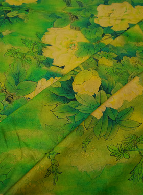 翠绿色绿叶牡丹40姆米重磅重缎香云纱旗袍连衣裙布料桑蚕丝绸面料