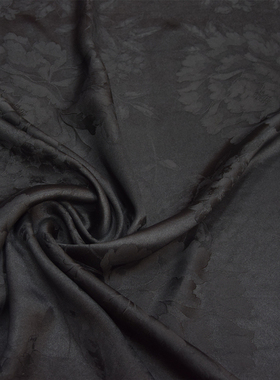 零头45姆米加厚重缎黑色牡丹花提花印花香云纱礼服面料旗袍裙布料