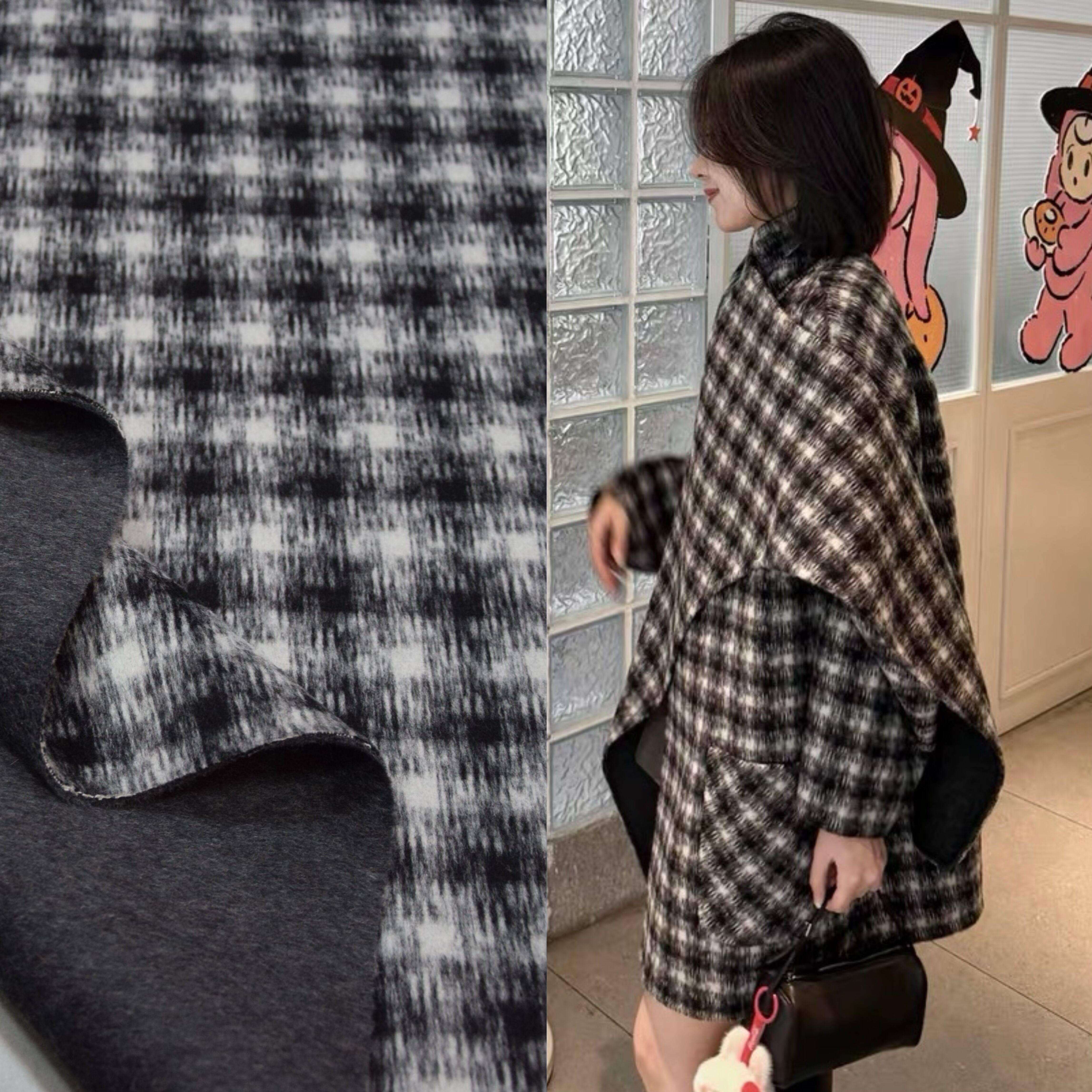 韩货进口灰白小格子双面羊绒面料羊毛呢可剥双面双色精品女装布料