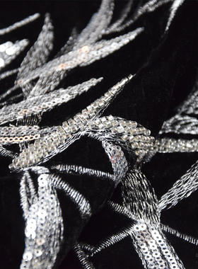 宽幅重工韩国进口绒手工刺绣钉珠黑色丝绒竹叶印花旗袍连衣裙面料