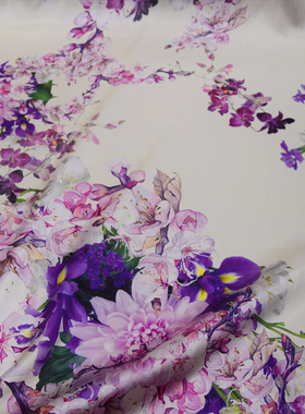 紫色丁香印花40姆米上海真丝大王重缎连衣裙旗袍面料桑蚕丝绸布料