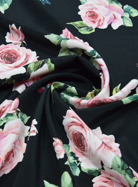 高档30姆米黑色牡丹花大牌真丝重绉连衣裙旗袍布料桑蚕丝绸面料