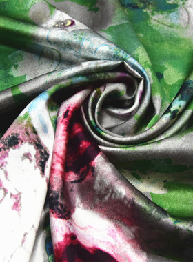 40姆绿色印花苏州大王28姆米重缎真丝连衣裙旗袍面料桑蚕丝绸布料