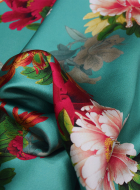 新40姆米绿色牡丹印花重磅重缎喷绘印染真丝旗袍布料桑蚕丝绸面料