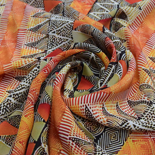 03双绉黄色菱形格几何印花真丝连衣裙布料桑蚕丝绸衬衫套装面料女