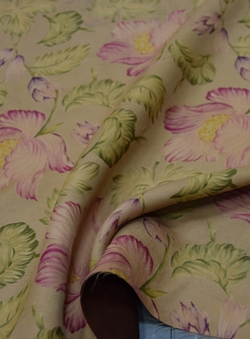 浅色40姆米粉紫色花绿叶重磅香云纱旗袍连衣裙布料桑蚕丝绸面料