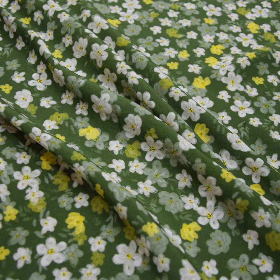 双绉真丝面料17姆米绿色小碎花