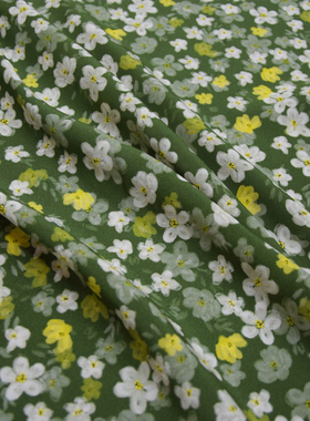 薄飘逸绿色小黄花碎花03真丝双绉连衣裙布料桑蚕丝绸上衣套装面料