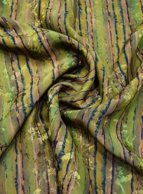 绿色几何竖条纹28姆米提花缎香云纱套装连衣裙面料桑蚕丝绸面料