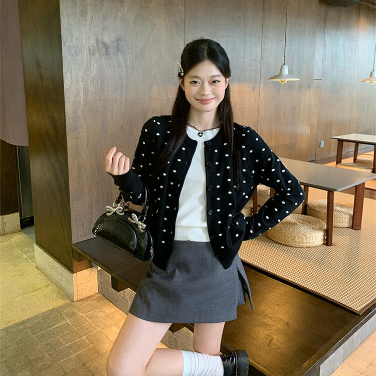 黑色波点巨好看叠穿毛针织开衫