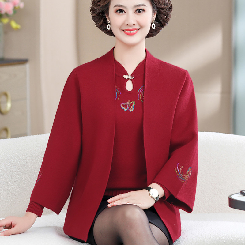 妈妈秋装红色两件套装外套结婚礼服中老年女秋冬季喜婆婆婚宴上衣
