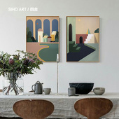 手绘油画原创建筑风景二联画抽象油画景 现代简约餐厅过道挂画