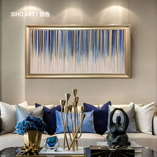 新古典现代简约客厅挂画定制 四合艺术 手绘线条抽象油画蓝金色