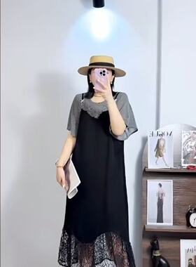 香港芸卉26120大码连衣裙女胖mm蕾丝拼接短袖裙子200斤女装新款夏