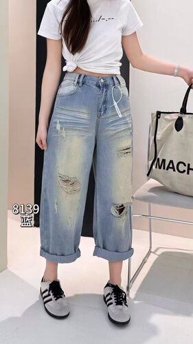 蜕变日记8139大码牛仔裤女胖mm破洞老爹裤九分裤子200斤女装新款