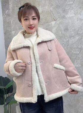 72度69260大码皮毛一体棉服女胖MM羊羔毛棉袄200斤女装新款