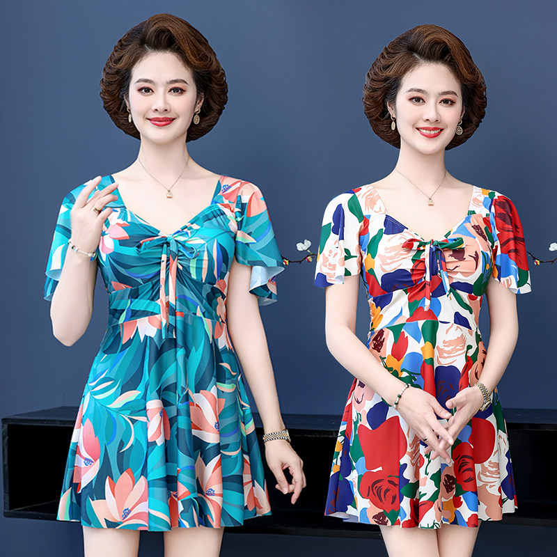 中年妈妈泳衣女遮肚显瘦保守分体中老年泡温泉加肥大码游泳装胖MM