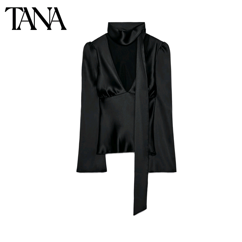 冬季新品女装法式设计感修身V领长袖丝缎质感围巾衬衫 3067184