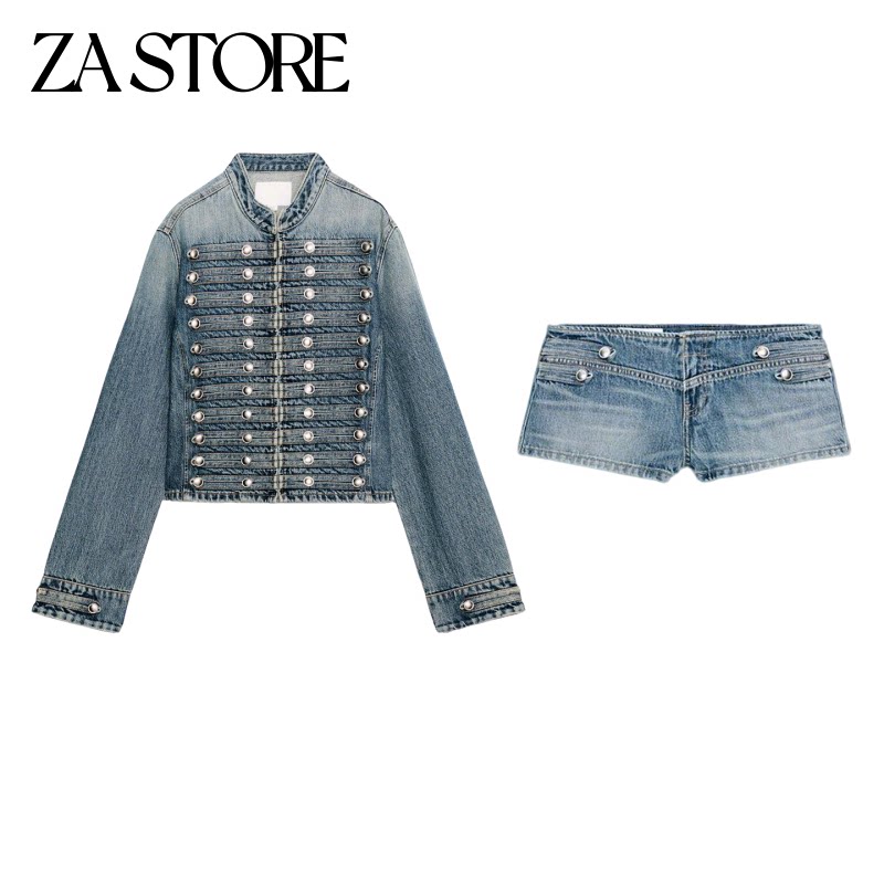 金属钩扣圆领长袖牛仔外套0695074 低腰休闲迷你牛仔短裤0695003
