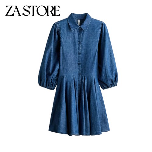 26春夏新款女装法式翻折领七分灯笼泡泡袖喇叭裙摆连衣裙 1322261