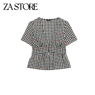 ZA 夏季新品女装A字形下摆短袖深V领樱桃刺绣小格纹上衣 3564093