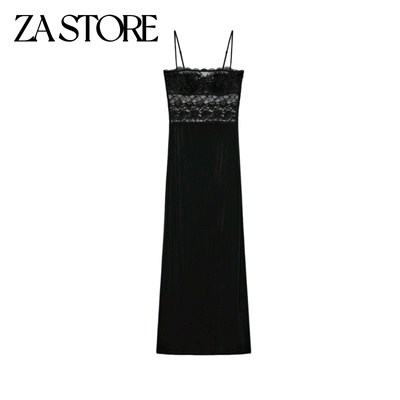 春季新品女装法式直筒下摆方领细肩带蕾丝拼接连衣裙 1067004