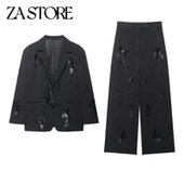 型两粒扣饰翻领长袖 刺绣亮片条纹西装 外套 宽松版 高腰直筒长裤