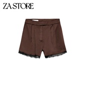 春季 2174566 极简风打褶饰中腰花边下摆缎面休闲短裤 新品 女装