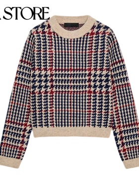 秋冬新品女装法式慵懒风圆领长袖撞色拼接格子针织衫 0012110