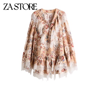 新款 蕾丝边连衣裙 女装 短款 1331226 度假风褶边V领灯笼长袖 春季