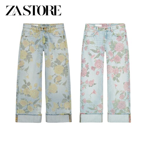 ZA 夏季新品女装低腰直筒卷边印花牛仔裤 0695010