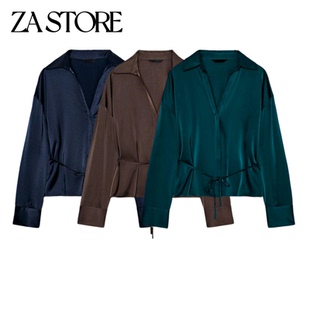 翻盖暗扣饰配细腰带衬衫 春季 通勤风翻V领长袖 女装 2094625 新品