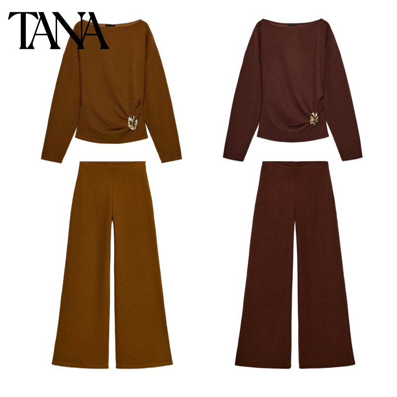 长袖一字领搭扣饰质感上衣5067178 高腰弹力腰身阔腿裤5067179,女装/女士精品,时尚套装,淘宝优惠券,粉丝福利购,淘宝优惠卷