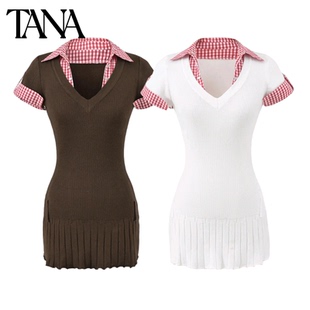 春季新品女装法式翻V领短袖撞色拼接假两件短款针织毛衣连衣裙