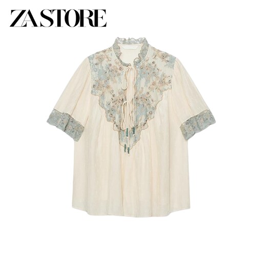 ZA 夏季新品女装圆V领短袖撞色蕾丝拼接装饰直筒下摆衬衫 5107240