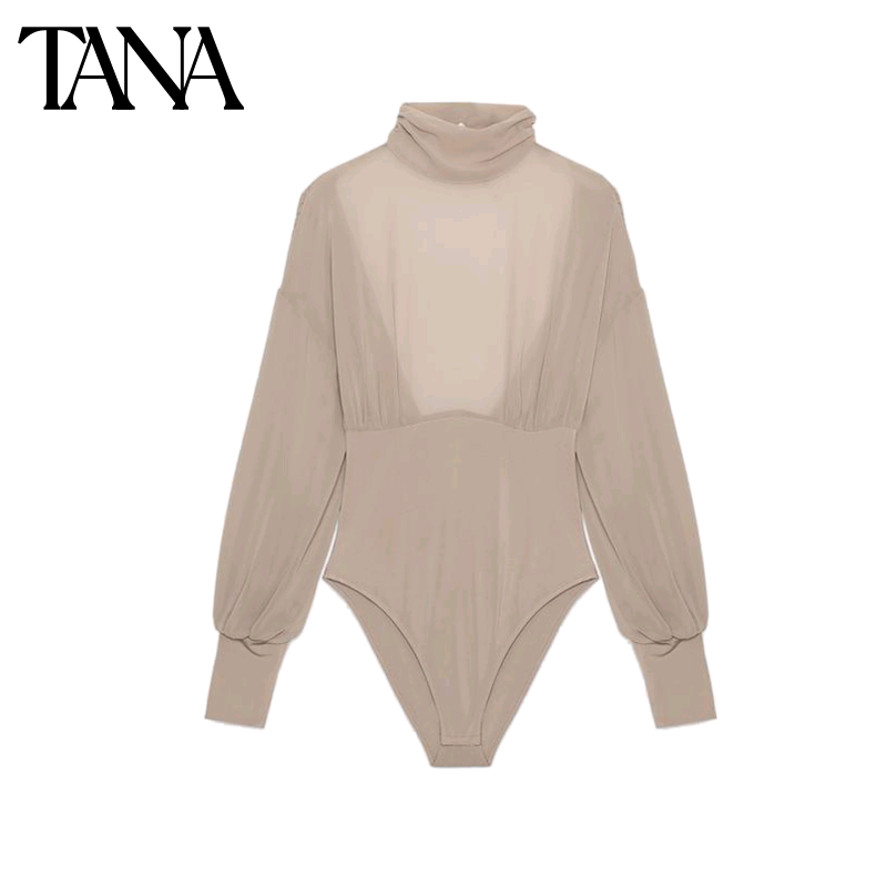 冬季新品女装简约高领泡泡长袖乔其纱背部设计连体衣 4772115