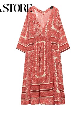 ZA 夏季新品女装V领七分袖打褶装饰A字形下摆印花连衣裙 2228005