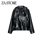 新品 女装 休闲风翻领长袖 春季 金属搭扣拉链式 PU仿皮外套7522303