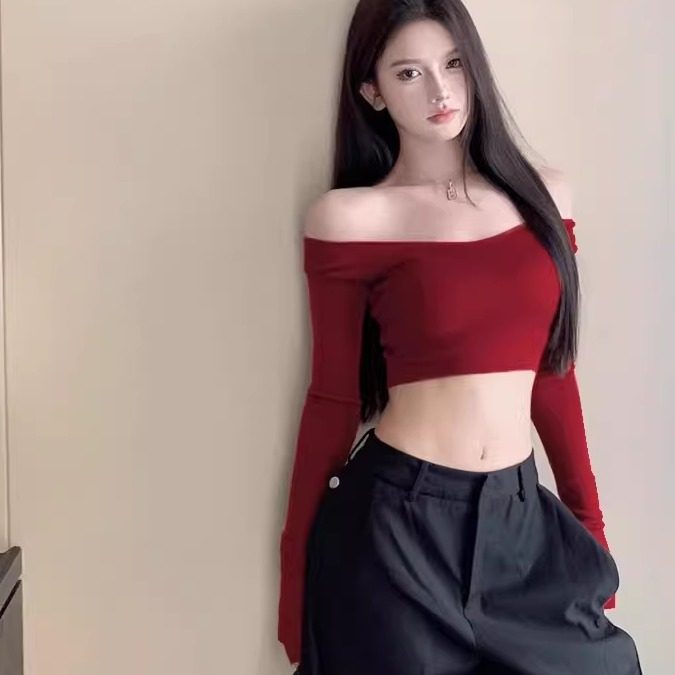 性感风一字肩长袖T恤女酒红色修身显瘦短款露腰辣妹露肚脐上衣