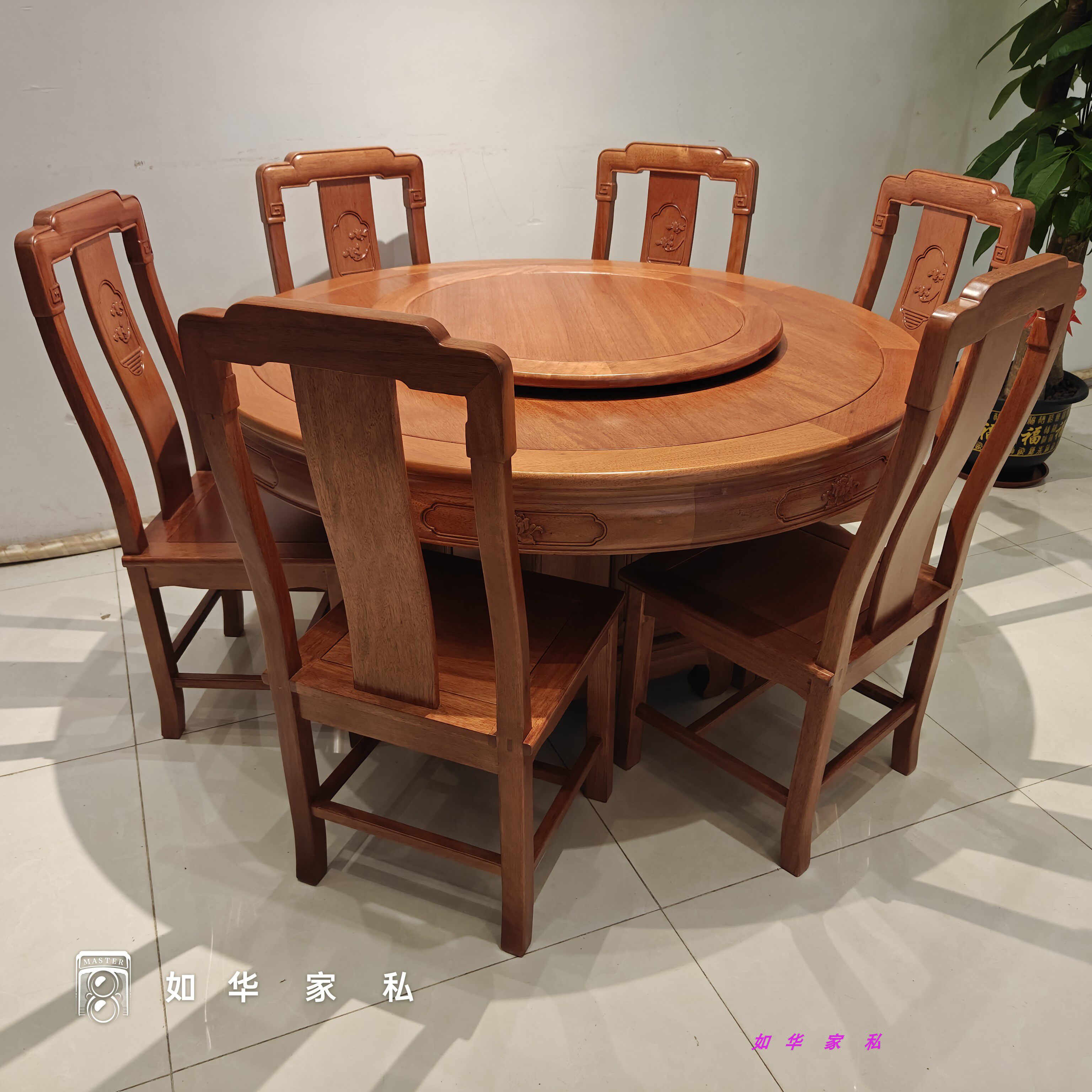 菠萝格木吃饭圆台实木圆桌餐桌椅组合带转盘中式传统花梨家用饭桌