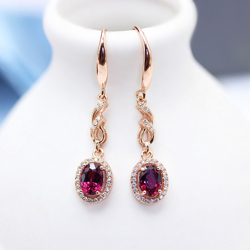 天然镁铝石榴石925银镀玫瑰金耳饰女款耳坠个性红宝石耳钉日韩风