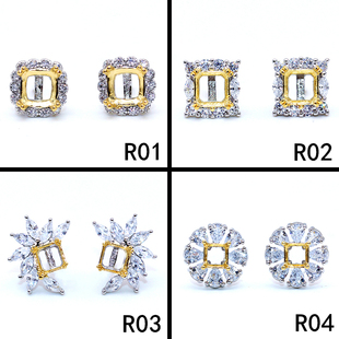 精工S925银耳钉空托公主方形枕形双色银饰宝石设计定制18K金5*5