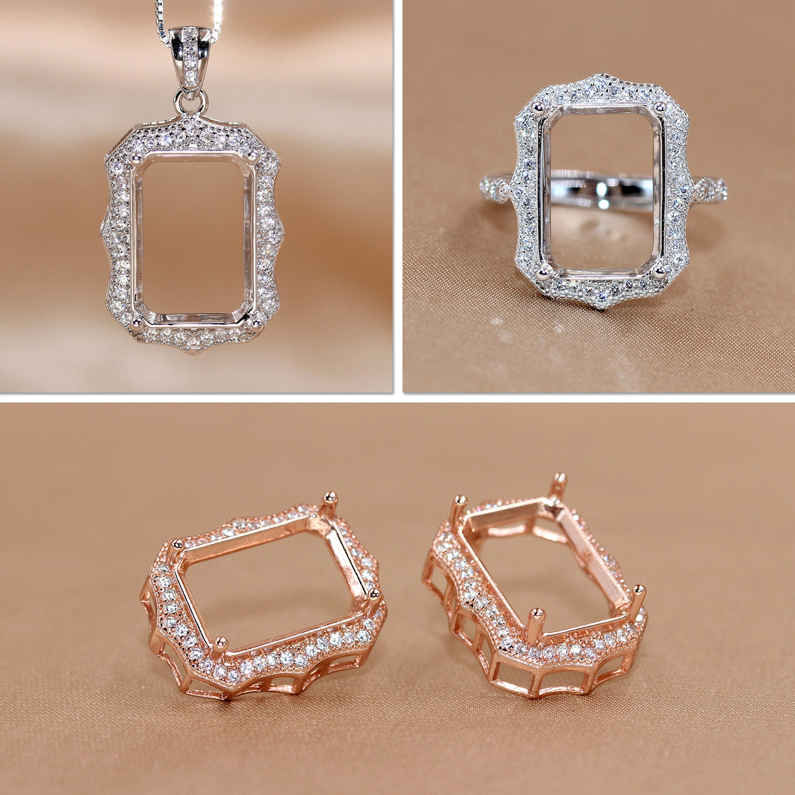 精工S925银戒指吊坠耳钉空托长方形镶嵌来石定制18K玫瑰金10*14