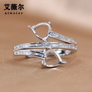 精工s925银戒指托心形戒托定制代镶嵌宝石轻奢设计双头6*6mm